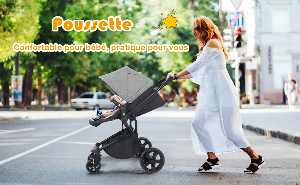 Poussette Bebe Combine 2 en 1 Canne Landau Pliable pour 0 - 36 Mois Gris