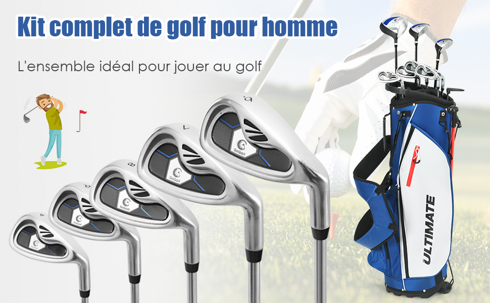 Ensemble de Clubs de Golf 9 Pieces pour Debutant avec Sac Trepied Conception Ergonomiqu en Metal Robuste