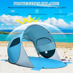 Costway Tente de Plage Pliable Pop-up Automatique Instantanée 3-4 Personnes Anti UV 220x159x115cm avec 8 Sardines 4 Cordes d’Ancrage Bleu