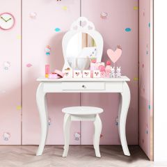 Coiffeuse Enfant avec Miroir Inclus de Table de Maquillage et deTabouret Dessus Amovible Blanc