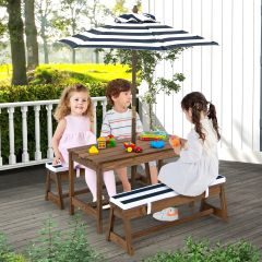 Table et 2 Bancs de Jardin avec Parasol et Coussins en Sapin Table de Pique-nique pour 4 Enfants Bleu/Café
