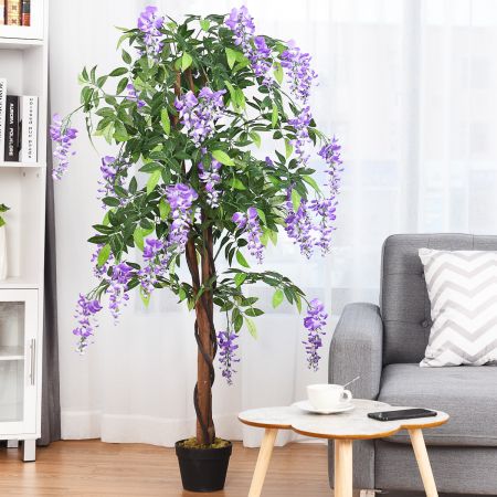COSTWAY Plante Artificielle avec Fausses Fleurs Violetes 150cm Faux Arbre avec Pot Décoration Intérieur ou Extérieur Wisteria