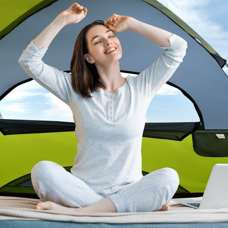 Costway Tente de Camping 2 Personnes Double Couche Tissu Oxford Imperméable Sac 2 Cordes Coupe-vent 2 Fenêtres en Maille Filet Vert
