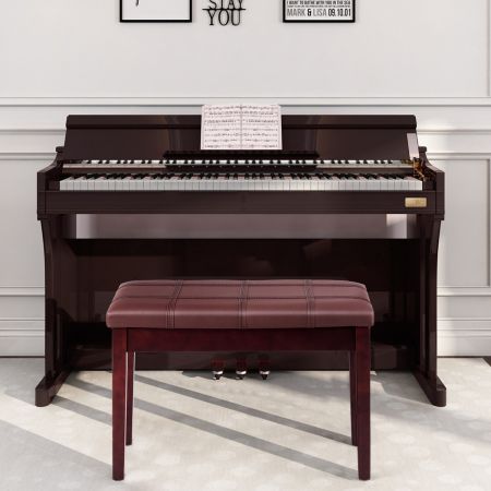 Costway Banquette Piano avec Coussin Rayé Rembourré en Cuir PU et Compartiment de Rangement pour Usage Professionnel/Privé Marron