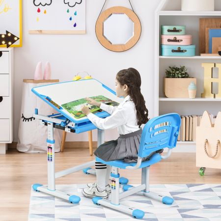 Enfants Ensemble Table Chaise Réglable en Hauteur avec Tiroir Inclinables  Bleu Facile à Nettoyer