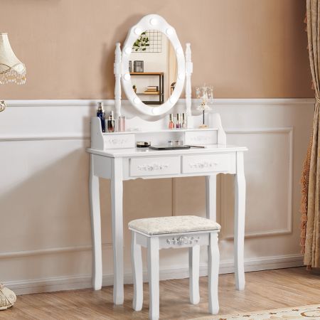 Coiffeuse Table de Maquillage avec Miroir Oval et 10 Ampoules LED à Intensité Variable 4 Tiroirs de Rangement Blanc