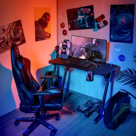 Costway Bureau Gamer Table de Gaming avec LED Support pour Manette Porte-Gobelet en Forme de Z 3 Niveaux Hauteutr Réglable Noir