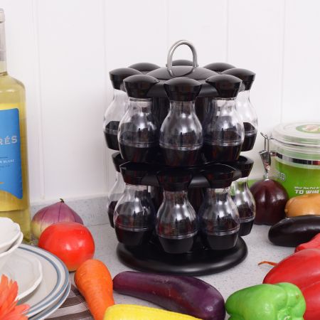 16 Étagère à Épices Carrousel à Épices de cuisine en Plastique Transparent Support d'Épices Noir 