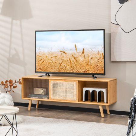 Meuble TV en Bambou avec 4 Compartiments pour TV 55' au Max Banc TV à 4 Pieds en Bois Massif 2 Portes Coulissantes en Rotin et Verre Trempé 120,5x31x45,5cm