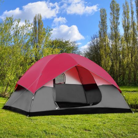 Costway Tente De Camping Étanche Double Couche 6 Personnes Tente Familiale 300x300x165cm Rose et Gris