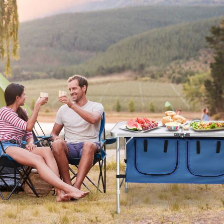 Costway Table de Camping Table Jardin Pliable et Compacte - 2 Compartiments de Rangement Réglable en Hauteur Bleu