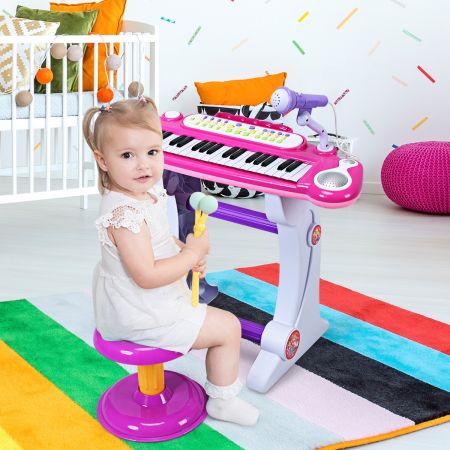 Costway Clavier de Piano Electronique à 37 Touches pour Enfants avec Tabouret et Microphone Rose
