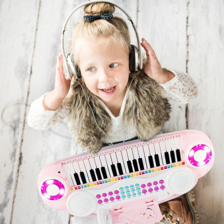 Costway Jouet Clavier de Piano Electronique 37 Touches avec Microphone Cadeau pour Enfants Rose