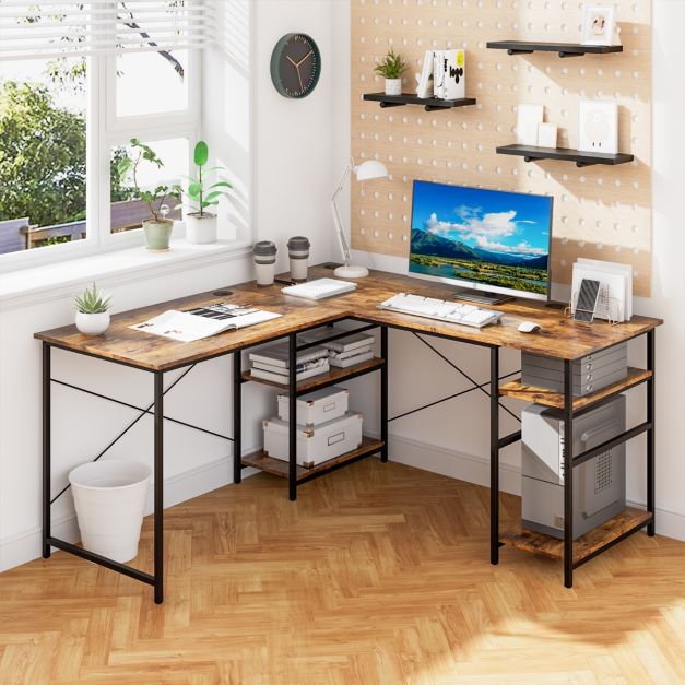 HOMCOM Bureau rotatif à 360° en forme de L, étagère de rangement | Home