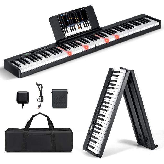 Piano Numérique Pliable 88 Touches Eclairées Semi-lestées USB/MIDI Double  Bluetooth Haut-parleurs 3D Pédale de Sustain Noir